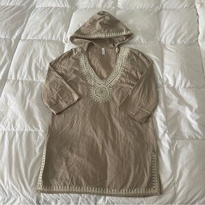Tan Hooded Tunic beach coverup dress with Embroidered Details